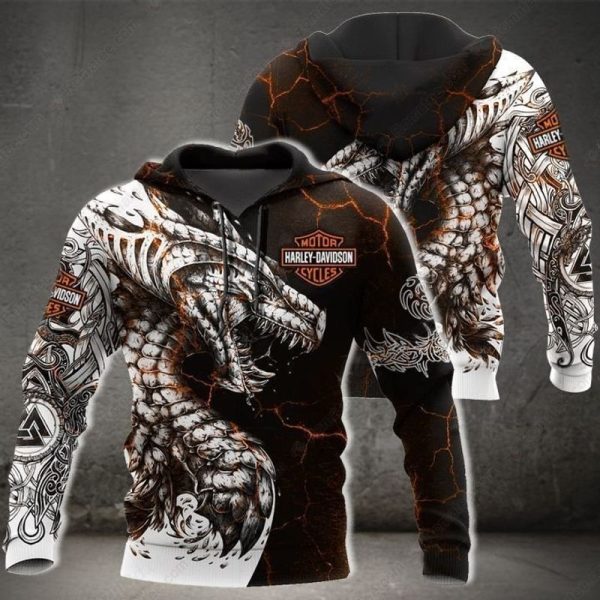 Powerful Dragon Harley-Davidson Hoodie,  Fierce Tribal Design with Molten Lava Background