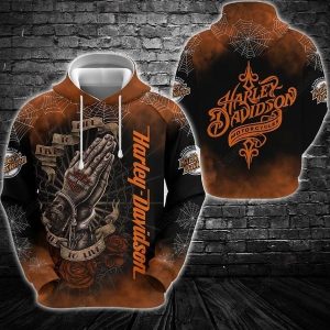 Praying Hands And Spiderwebs Harley-Davidson Hoodie, Deep Orange Roses and Classic Logos 3D Shirt