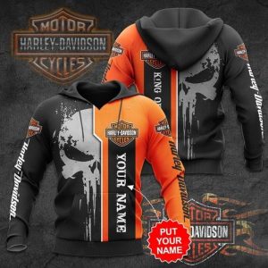 Punisher Skull Harley-Davidson Hoodie, King of the Road Harley-Davidson Vibrant Orange & Black Accents