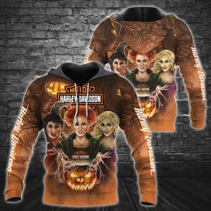 Sanderson Sisters with Pumpkins and Flames Merch, Harley-Davidson Pumpkin Flames Hoodie