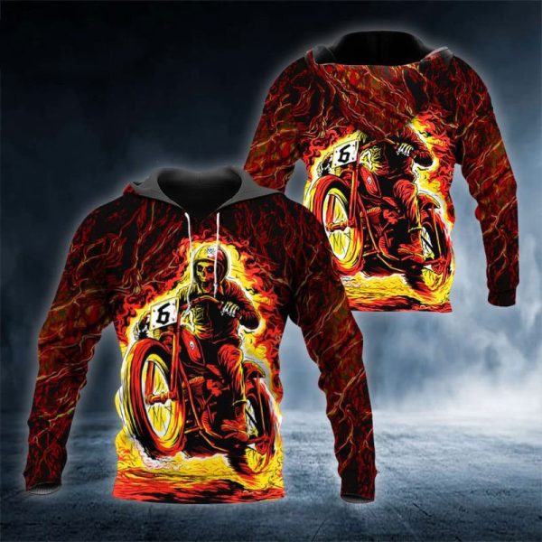 Skeleton Rider Motorcycle Hoodie, Flames And Motorcycle Racing Design