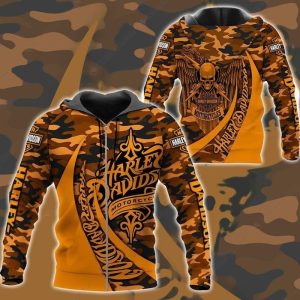 Skull Crossed Swords Camouflage Harley-Davidson Hoodie, Black and Orange Harley-Davidson Eagle Wings Hoodie