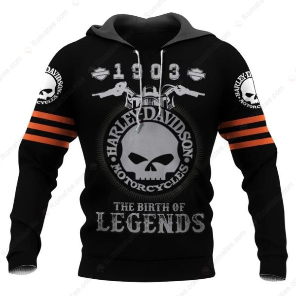 The Birth of Legends Harley-Davidson Hoodie, Striking Black, Gray, and Orange Skull Design