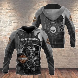 Vibrant Gray Grim Reaper Harley-Davidson Hoodie, Menacing Skull & Tribal Design