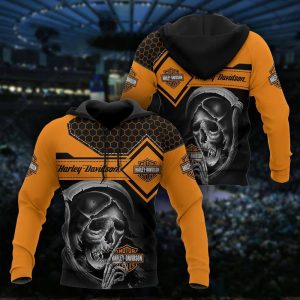 Aggressive Grim Reaper Harley-Davidson Shirt, Black and Orange Motorcycle Dynamic Harley-Davidson Skull Hoodie