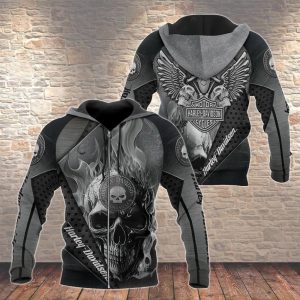 Black Harley-Davidson Skull Flame Shirt, Skull Wings Harley-Davidson Hoodie