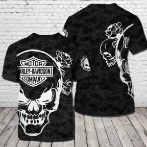 Black Harley-Davidson Skull and Rose T-Shirt, Stylish Harley-Davidson Shirt