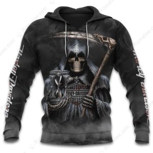 Black and Orange Grim Reaper Holding Hourglass 3D Hoodie, The God Of Death Harley-Davidson Hoodie