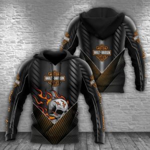 Black and Orange Harley-Davidson Skull Flames Shirt, Striking Harley-Davidson Hoodie