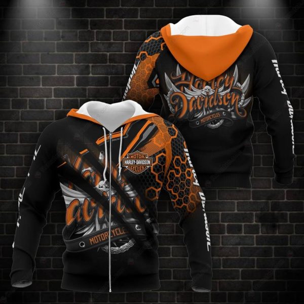 Bold Black with Orange Harley-Davidson Skull & Wings Hoodie, Harley-Davidson Skull Hoodie with Hexagon Pattern