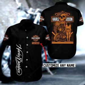 Bold Harley-Davidson Skull and Pin Up Girl T-Shirt, Harley-Davidson Skull and Motorcycle Graphic Hawaiian Shirt