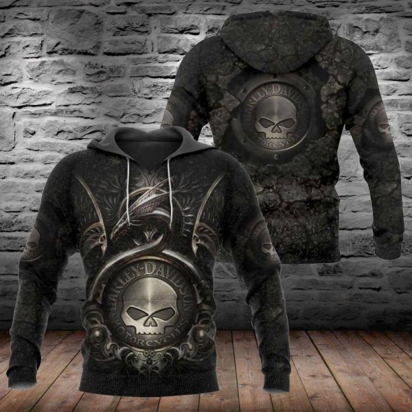 Dark Gothic Harley-Davidson Dragon And Willie G Skull 3D All Over Print Hoodie