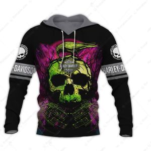 Dark Neon Green Design Harley-Davidson Skull and Crow 3D All Over Print Hoodie