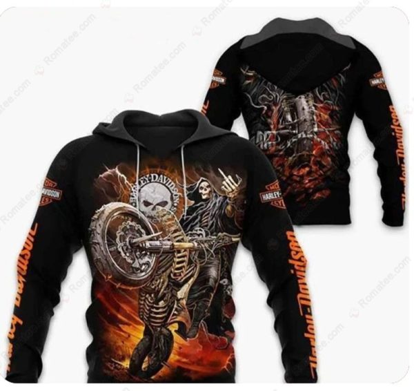 Dark and Bold Grim Reaper Harley-Davidson Hoodie, All-Over Print with Fiery Design