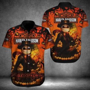 Festive Harley-Davidson Halloween Hawaiian Shirt, Jack Skellington & Pumpkin Design