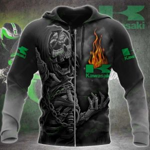 Flaming Kawasaki Grim Reaper Motorcycle Hoodie Exclusive Biker Jacket with Skeletal Design and Green Logo Accents 2 zip hoodie