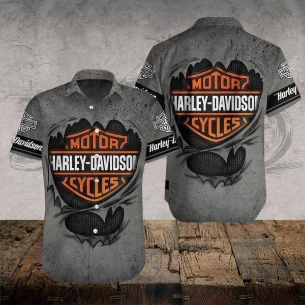 Gray and Orange Harley-Davidson Distressed Hawaiian Shirt