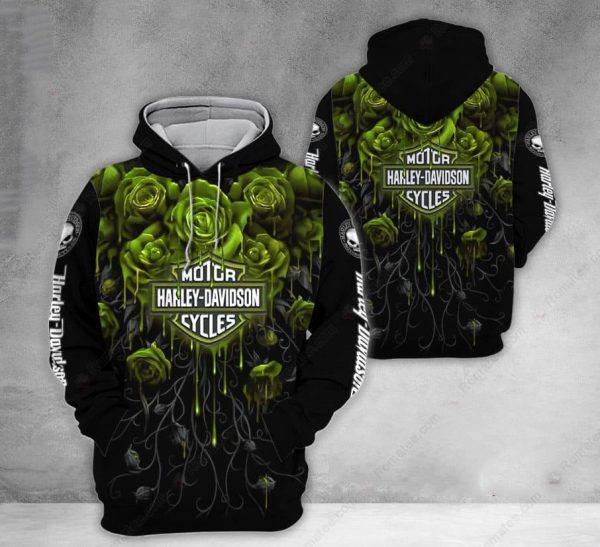 Green Roses Harley-Davidson Hoodie, Dark Floral Harley-Davidson Hoodie