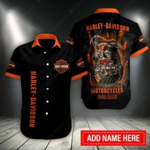 Grim Reaper and Logo Harley-Davidson Shirt, Flames Design Hawaiian Shirt