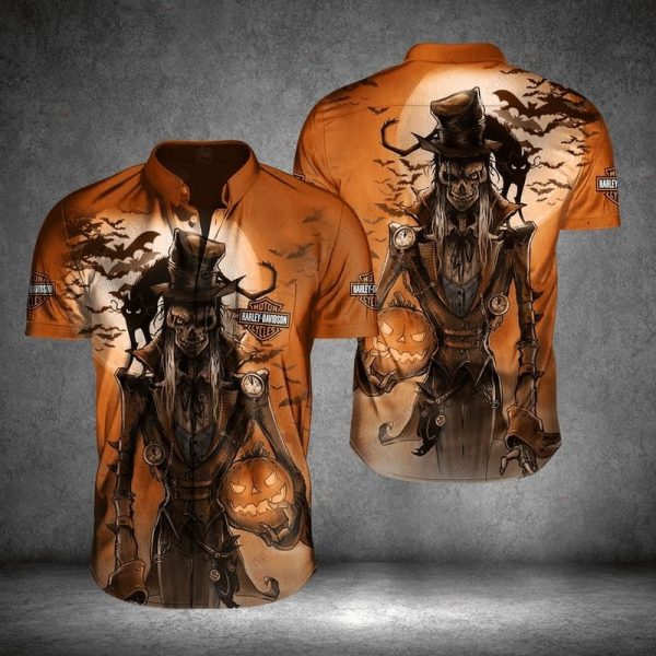 Halloween Pumpkin Skeleton Harley-Davidson Shirt, Scarecrow and Spooky Harley-Davidson Halloween Hawaiian Shirt