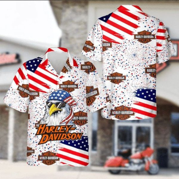 Harley-Davidson Bald Eagle And Fireworks Shirt, Festive Harley-Davidson American Flag Hawaiian Shirt