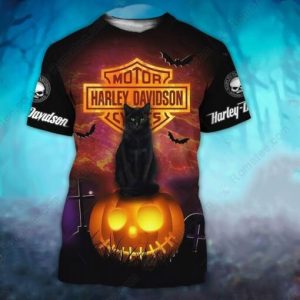 Harley-Davidson Black Cat Jack-O’-Lantern Shirt, All-Over Print Halloween Pumpkin  T-Shirt