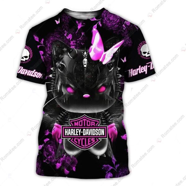 Harley-Davidson Black Cat Shirt, Pink Bow and Glowing Eyes 3D All-Over Print Sweatshirt