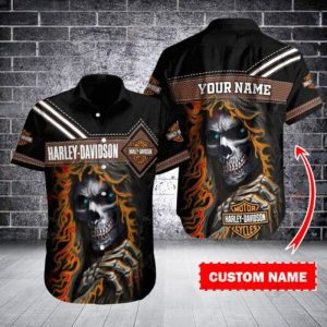 Harley-Davidson Blue Grim Reaper Eyes Shirt, Bold Harley-Davidson Flaming Skull Hawaiian Shirt