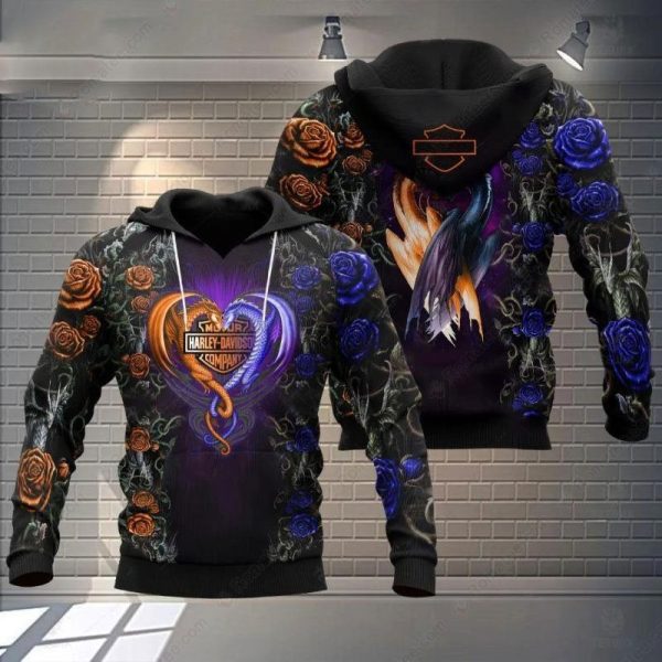 Harley Davidson Couple Dragon Rose Hoodie, Harley-Davidson Heart-Shaped Dragon Hoodie