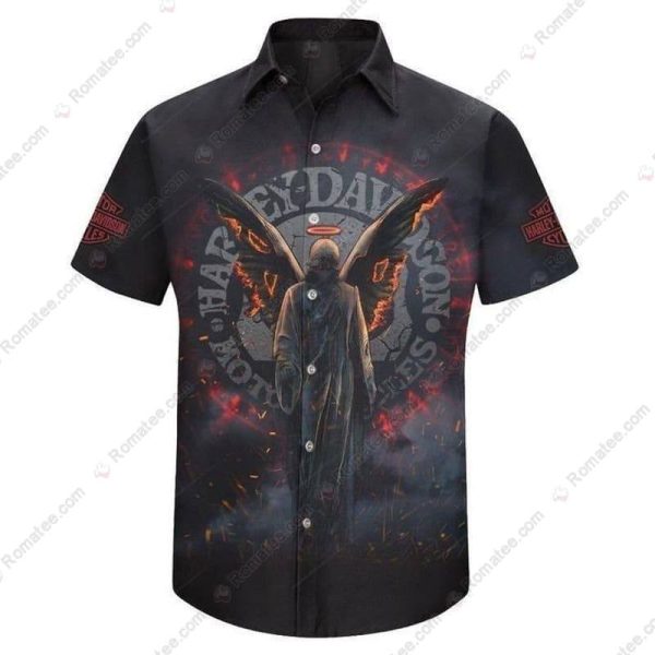 Harley-Davidson Dark Angel Shirt, Harley-Davidson Fiery Wings Motorcycle Hawaiian Shirt