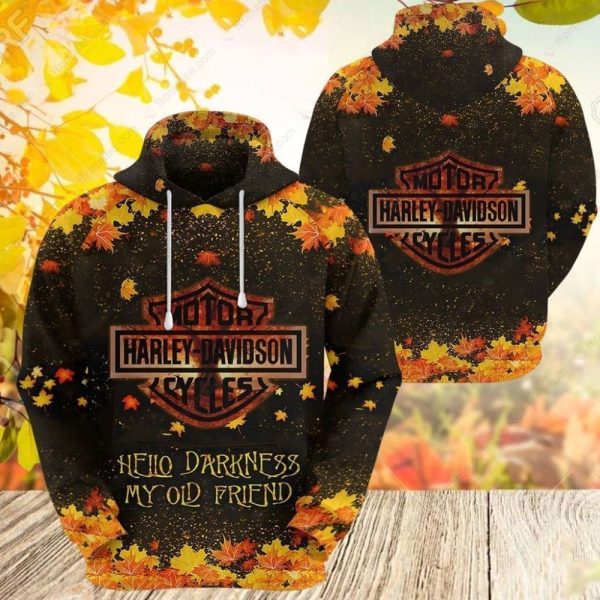 Harley-Davidson Falling Leaves and Classic Lyrics Hoodie, Hello Darkness My Old Friend Harley-Davidson 3D Shirt