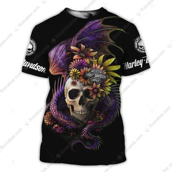 Harley-Davidson Flowers Skull and Dragon Shirt, Colorful Skull and Dragon Wings T-Shirt