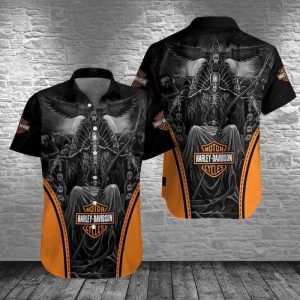 Harley-Davidson Gothic Skull Throne T-Shirt, Dark Elegance with Ominous Wings Hawaiian Shirt