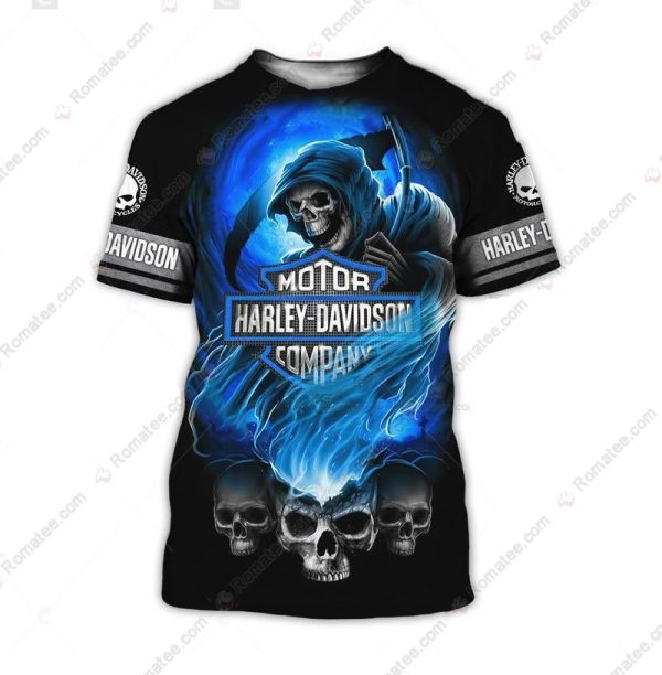 Harley-Davidson Grim Reaper Scythe Shirt, Dark Blue Flames Grim Reaper T-Shirt