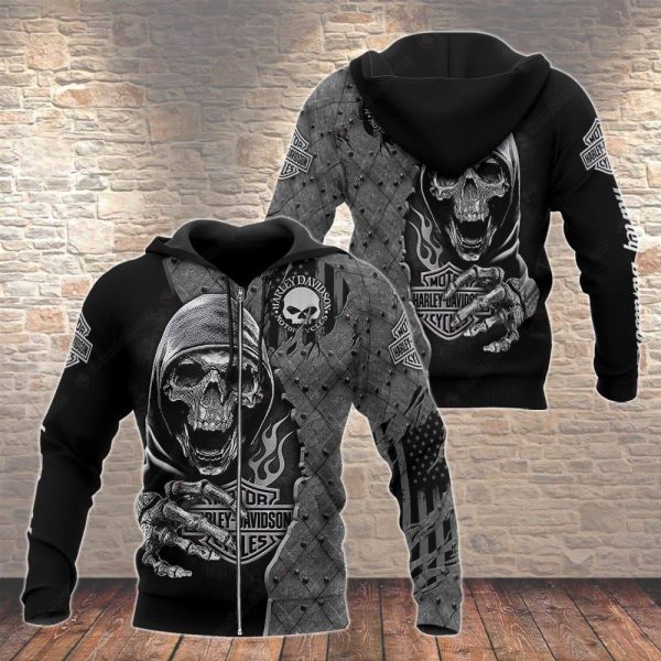 Harley-Davidson Grim Reaper Skull Flames Hoodie, Gothic Harley-Davidson Skull Hoodie