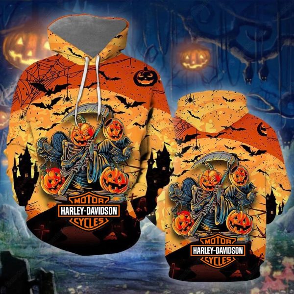 Harley Davidson Halloween Grim Reaper Pumpkin Carving 3D Hoodie All Over Printed