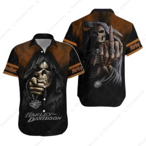 Harley-Davidson Middle Finger Grim Reaper Hawaiian Shirt, Edgy Brown and Black Harley-Davidson Shirt