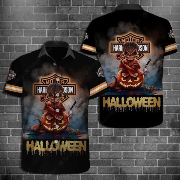 Harley-Davidson Orange and Black Halloween Jack-o’-Lantern Hawaiian Shirt