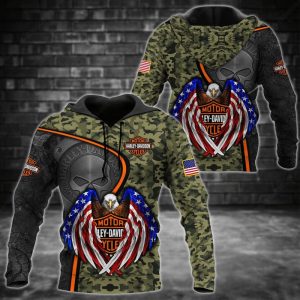 Harley-Davidson Patriotic Eagle Hug Harley-Davidson Logo Hoodie, Eagle and American Flag Graphic Hoodie