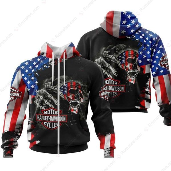 Harley-Davidson Rebel Skull American Flag Hoodie, Skull Behind American Flag Patriotic Harley-Davidson Hoodie