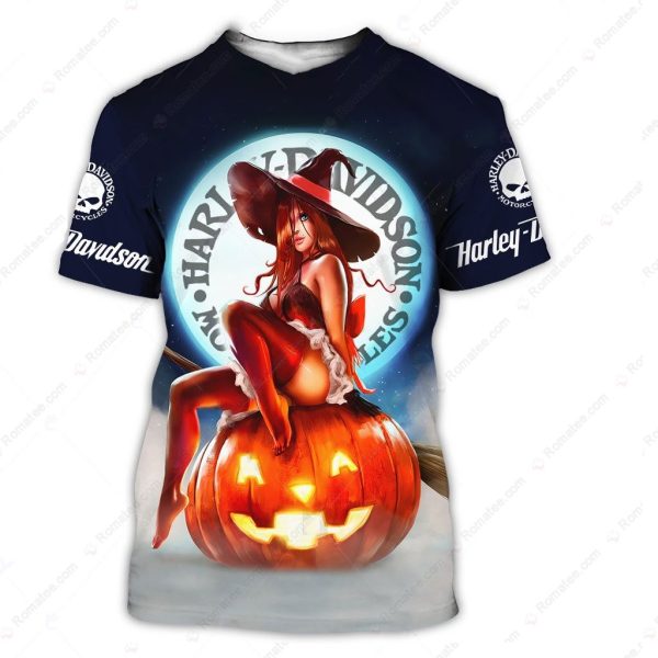 Harley-Davidson Sexy Witch Shirt, All-Over Print Witch on Pumpkin T-Shirt