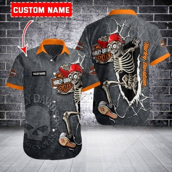 Harley-Davidson Skeleton Breaking Through Wall Hawaiian Shirt