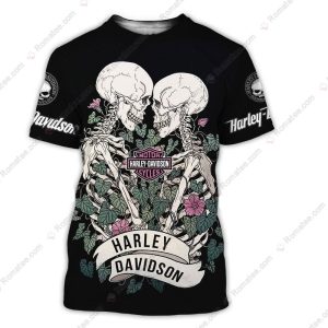 Harley-Davidson Skeleton Embrace Shirt, Gothic Floral Design with Harley-Davidson Logo Shirt