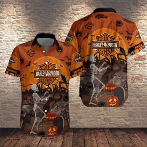 Harley-Davidson Skeleton Graveyard Shirt, Spooky Harley-Davidson Halloween Hawaiian Shirt