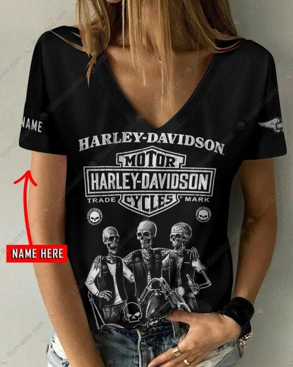 Harley-Davidson Skeletons Biker Shirt, Skulls and Motorcycle Harley-Davidson V-neck Shirt