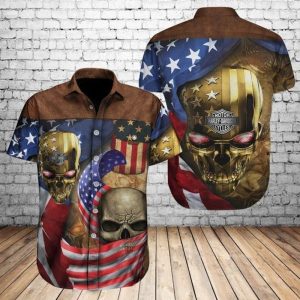 Harley-Davidson Skull Glowing Red Eyes Shirt,  Harley-Davidson Skull with American Flag Hawaiian Shirt