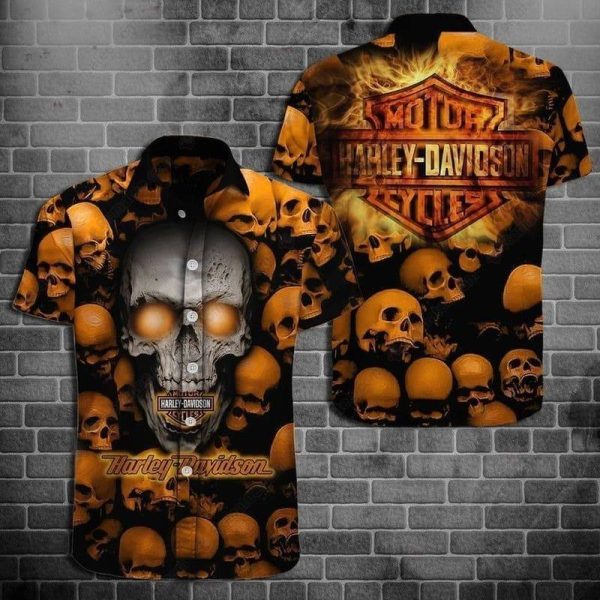 Harley-Davidson Skull Hawaiian Shirt, Vibrant Orange Harley-Davidson Shirt