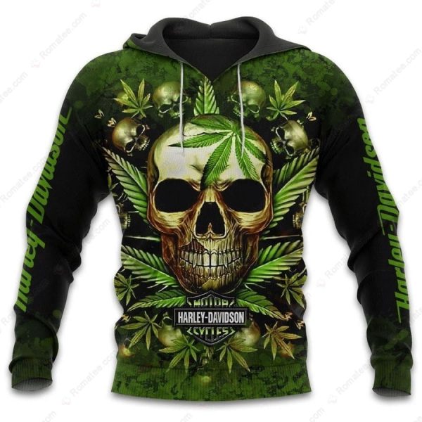 Harley-Davidson Skull Marijuana Leaves Hoodie, Unisex Harley-Davidson Sweatshirt