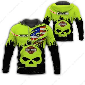 Harley-Davidson Skull and American Flag 3D Hoodie, Green Patriotic Harley-Davidson Hoodie