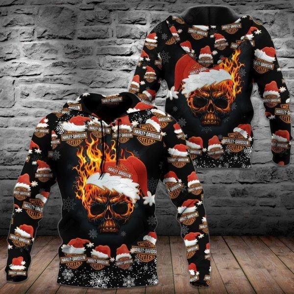 Harley-Davidson Skull with Santa Hat Merch, Unisex Harley-Davidson Christmas Skull Hoodie